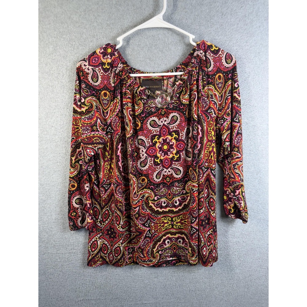 Dana Buchman Tunic Top Womens Medium Multicolor Paisley 3/4 Sleeve Scoop Neck